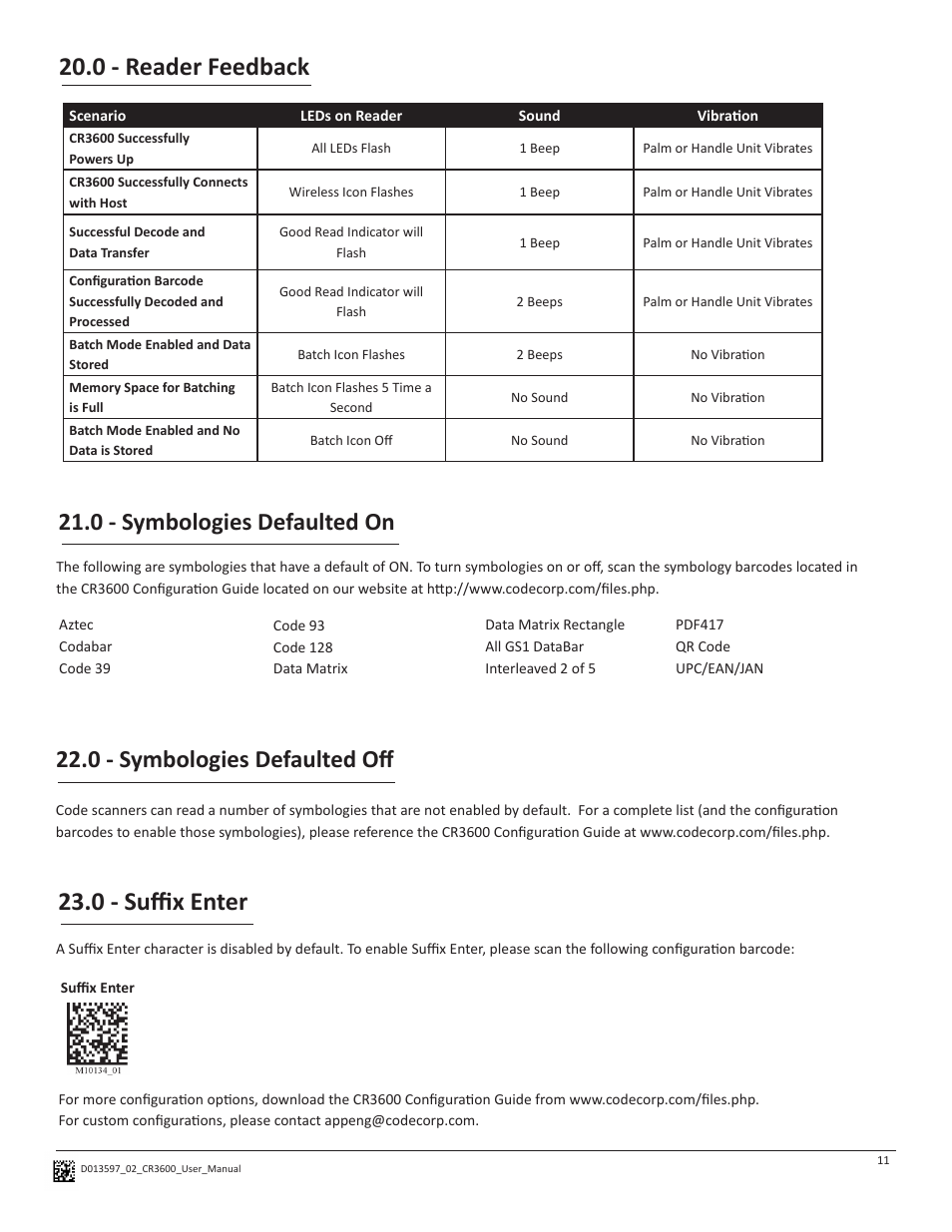 0 - suffix enter, 0 - reader feedback, 0 - symbologies defaulted on | 0 - symbologies defaulted off | Code CR3600 User Manual | Page 15 / 24