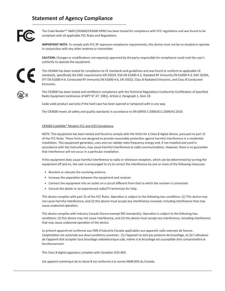 Statement of agency compliance | Code CR3600 User Manual | Page 2 / 24