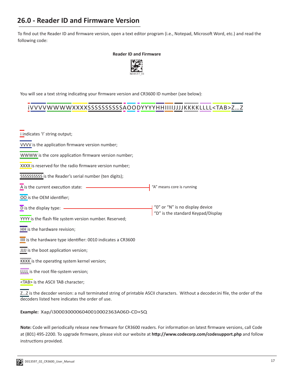 0 - reader id and firmware version | Code CR3600 User Manual | Page 21 / 24