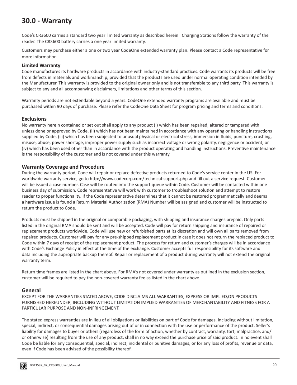 0 - warranty | Code CR3600 User Manual | Page 24 / 24