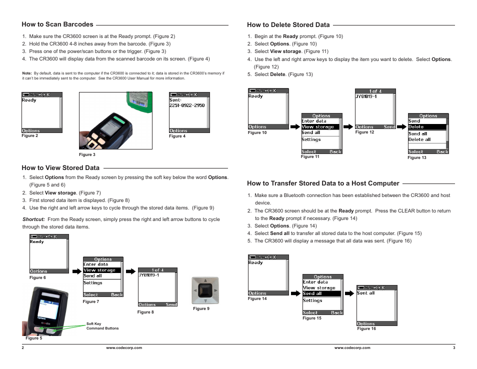How to view stored data, How to scan barcodes, How to transfer stored data to a host computer | How to delete stored data | Code CodeViewer User Manual | Page 2 / 2