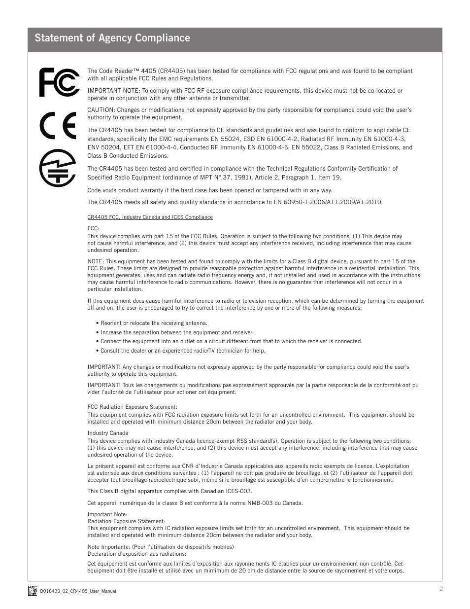 Statement of agency compliance | Code CR4405 User Manual | Page 2 / 16