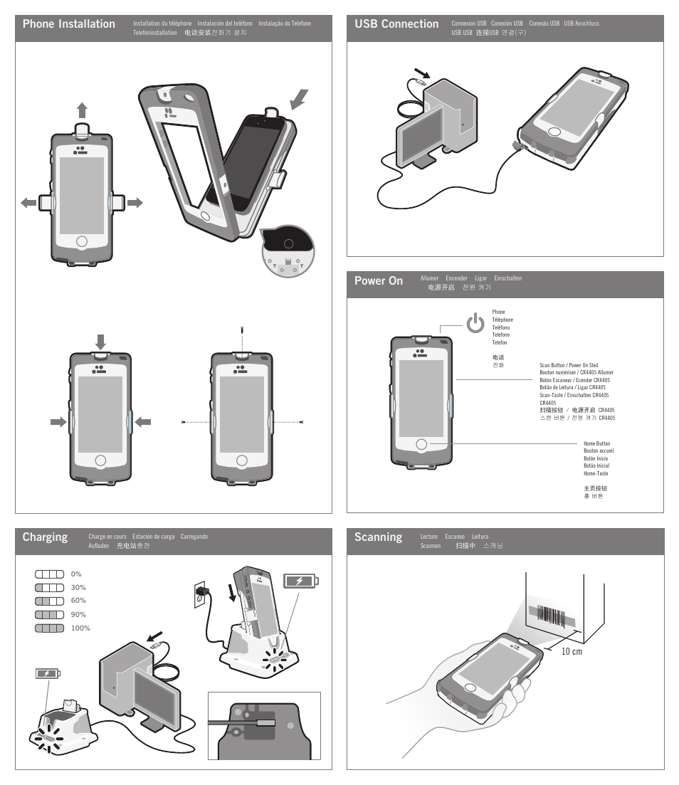 Charging, Scanning usb connection, Power on | Phone installation | Code CR4405 Quick Start User Manual | Page 2 / 2