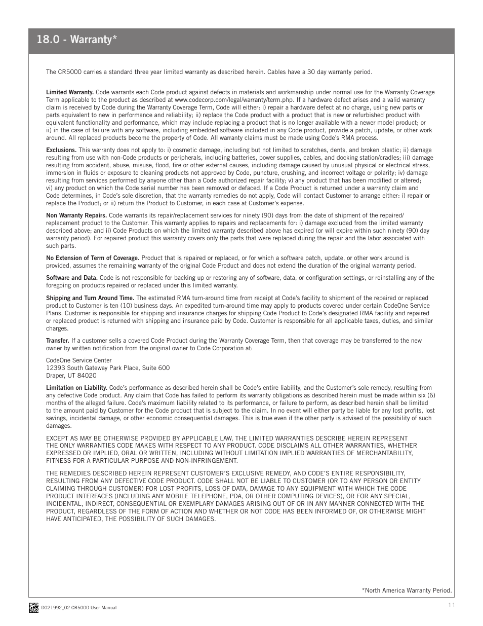 0 - warranty | Code CR5000 User Manual | Page 11 / 11