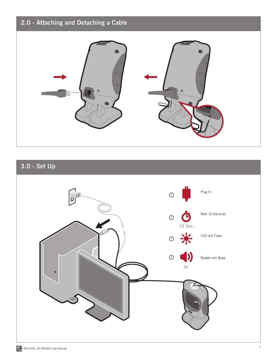 0 - attaching and detaching a cable 3.0 - set up | Code CR5000 User Manual | Page 5 / 11