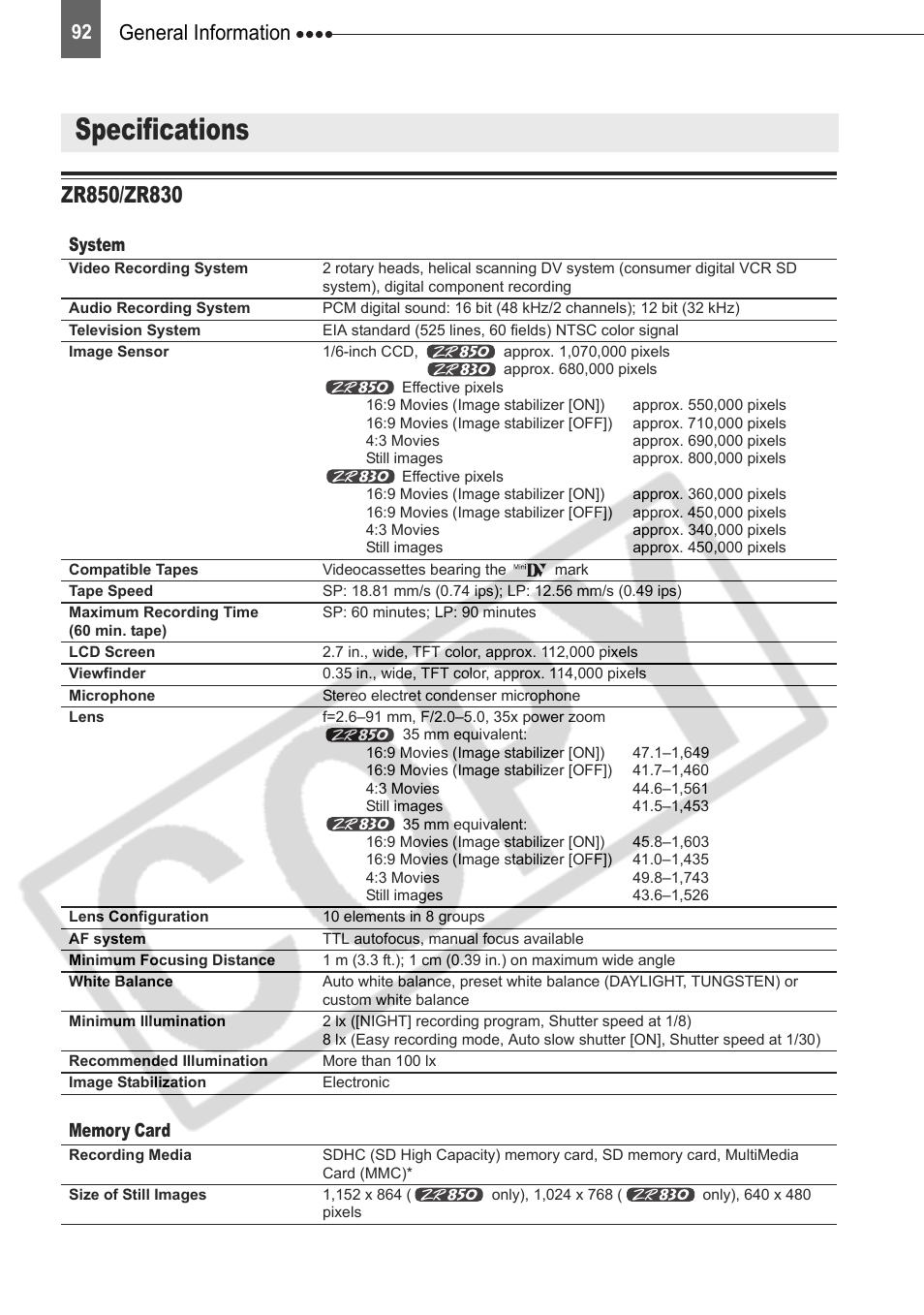 Zr850/zr830, Specifications, General information | System | Canon DIM-787 User Manual | Page 92 / 98