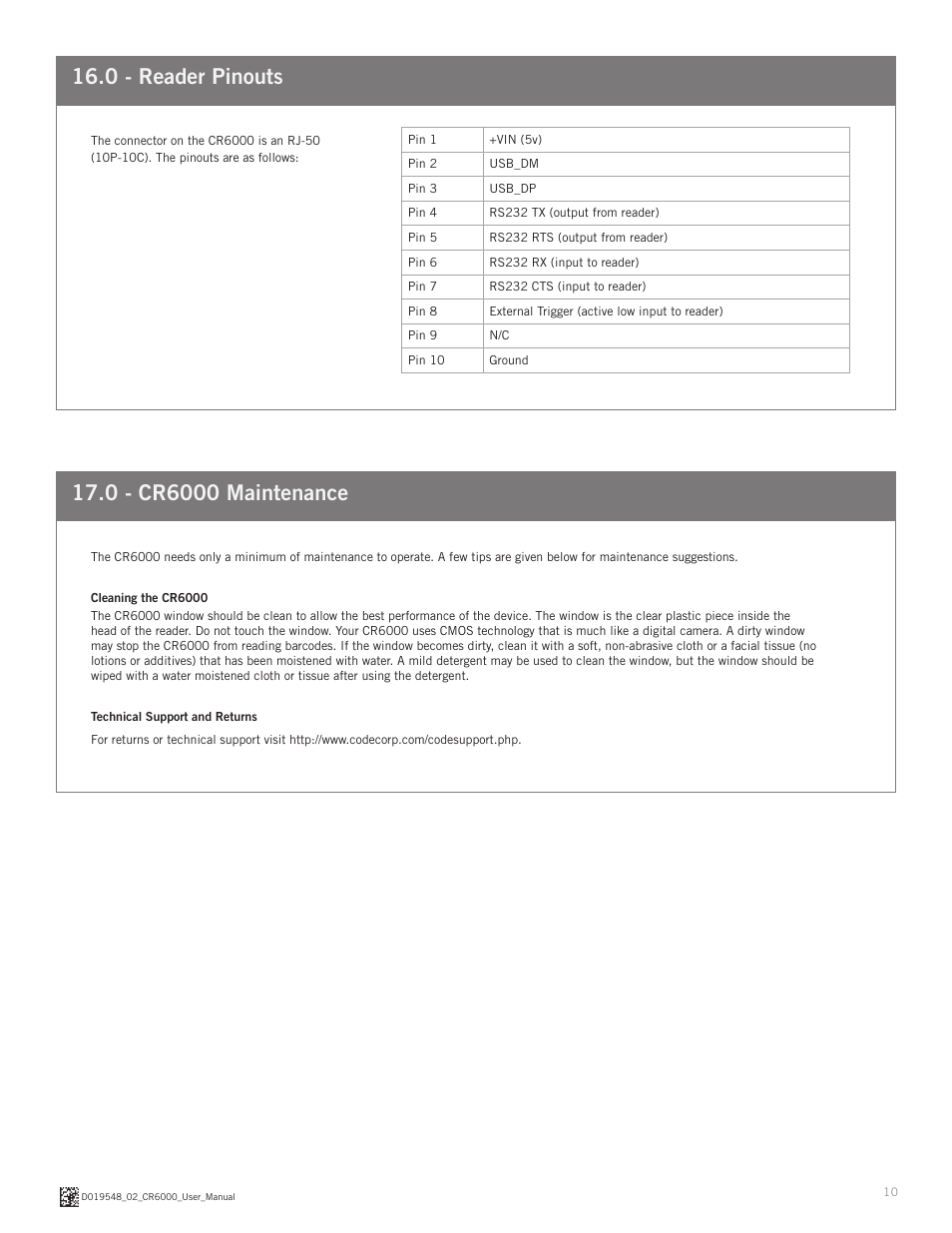 0 - reader pinouts | Code CR6000 User Manual | Page 10 / 11