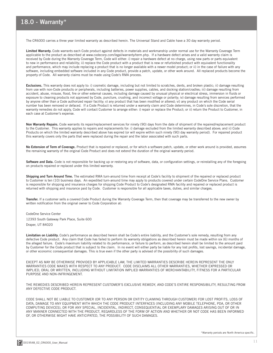 0 - warranty | Code CR6000 User Manual | Page 11 / 11