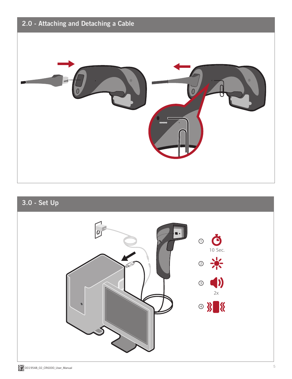 0 - attaching and detaching a cable 3.0 - set up | Code CR6000 User Manual | Page 5 / 11
