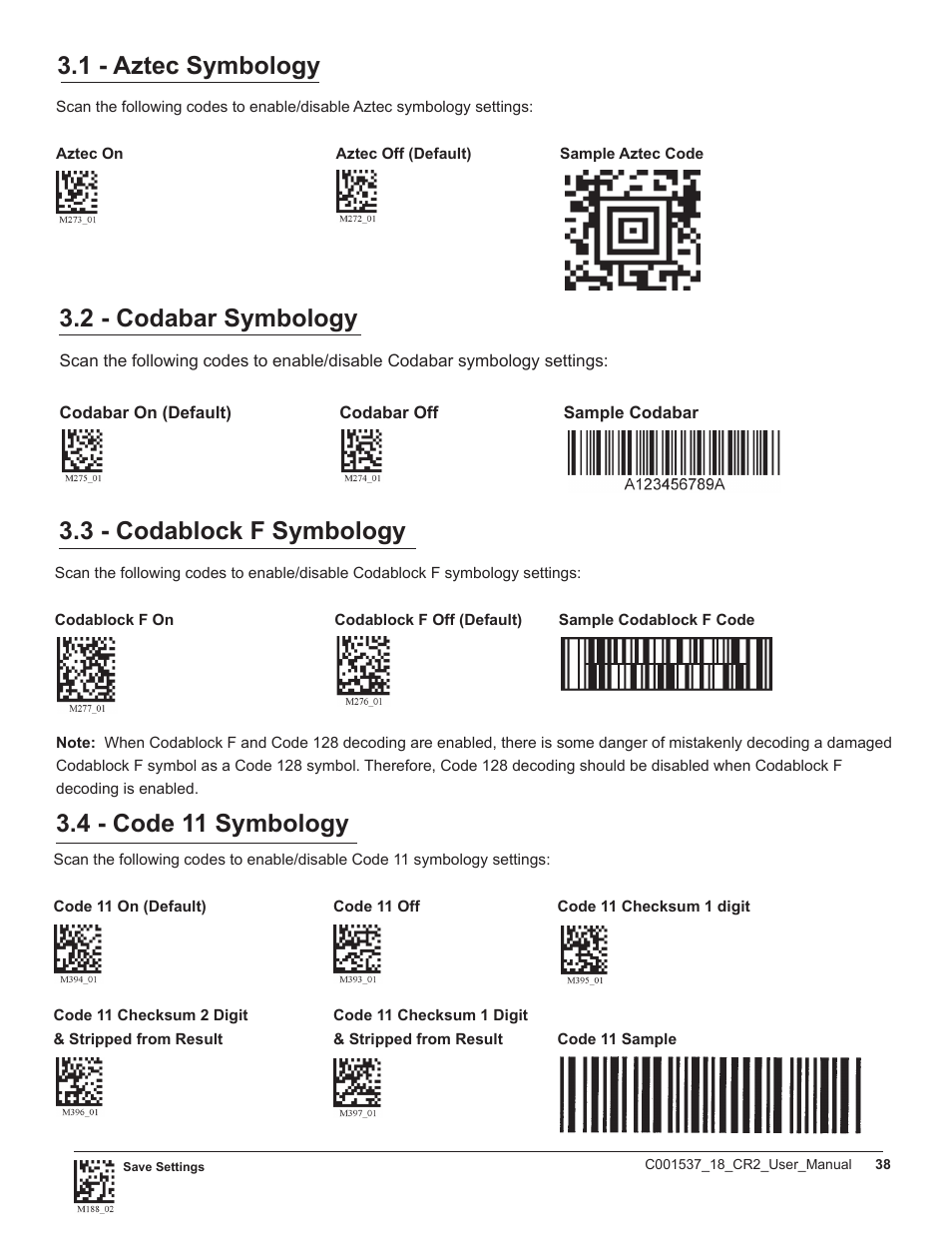 1 - aztec symbology, 2 - codabar symbology, 3 - codablock f symbology | 4 - code 11 symbology | Code CR2 User Manual | Page 44 / 67