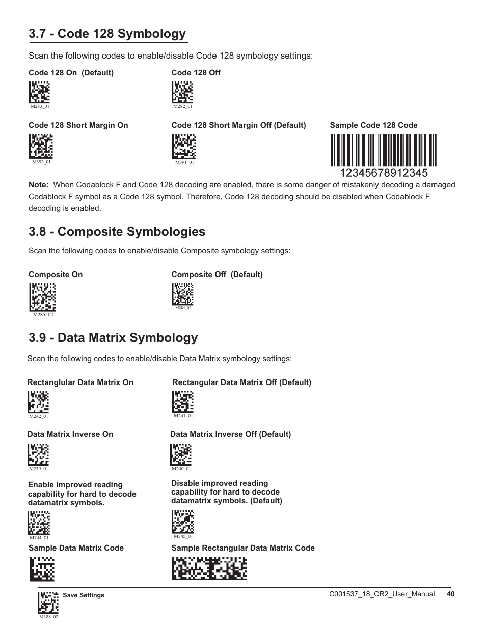 7 - code 128 symbology, 8 - composite symbologies, 9 - data matrix symbology | Code CR2 User Manual | Page 46 / 67