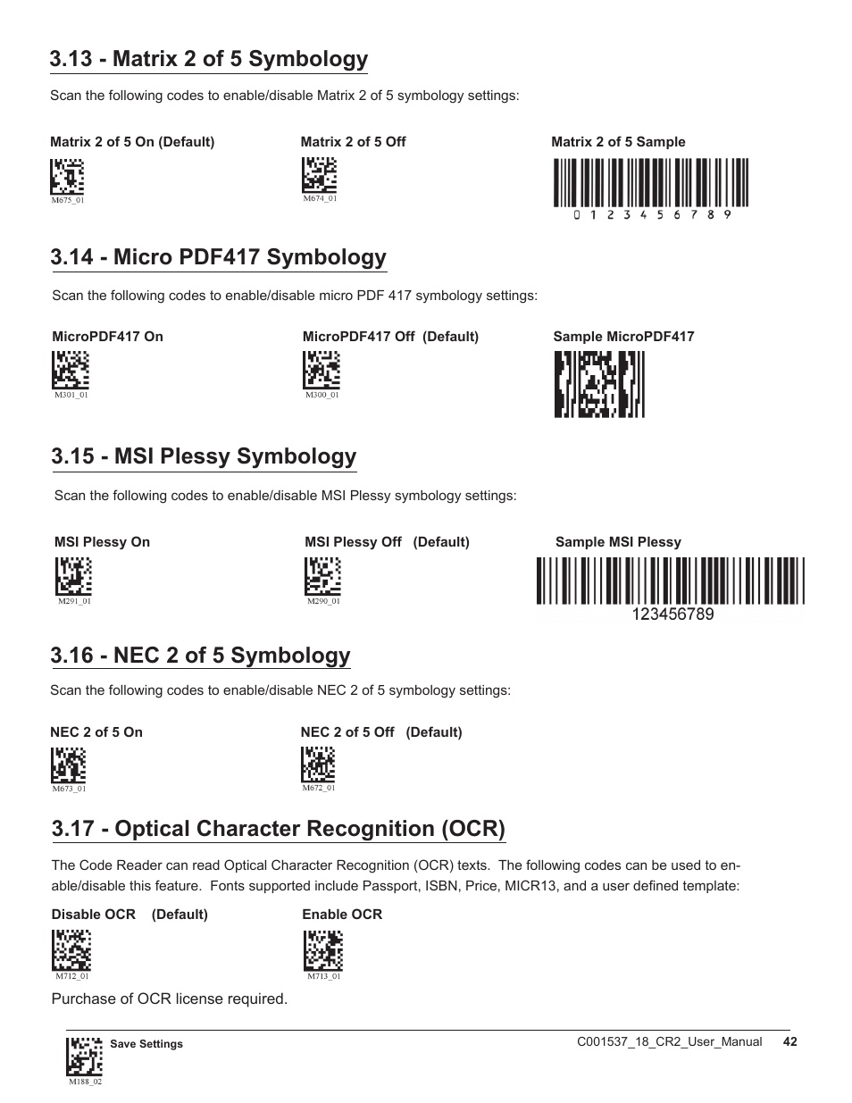 16 - nec 2 of 5 symbology, 17 - optical character recognition (ocr) | Code CR2 User Manual | Page 48 / 67