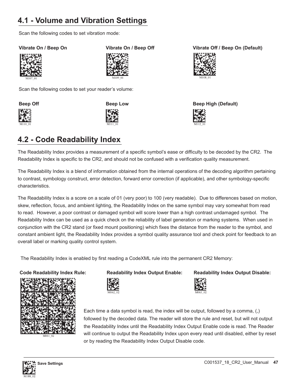 1 - volume and vibration settings, 2 - code readability index | Code CR2 User Manual | Page 53 / 67