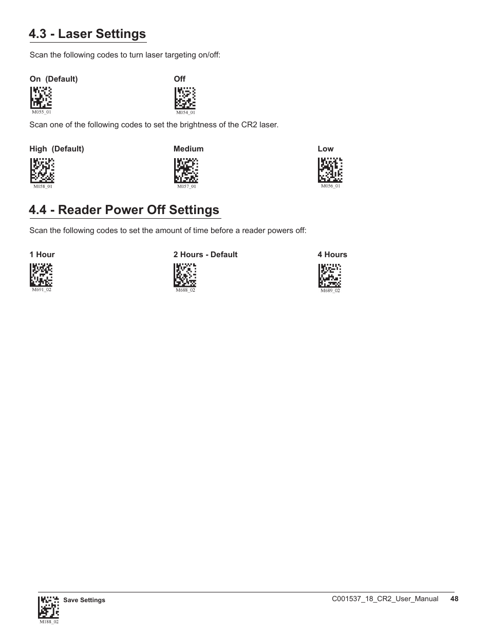 3 - laser settings, 4 - reader power off settings | Code CR2 User Manual | Page 54 / 67