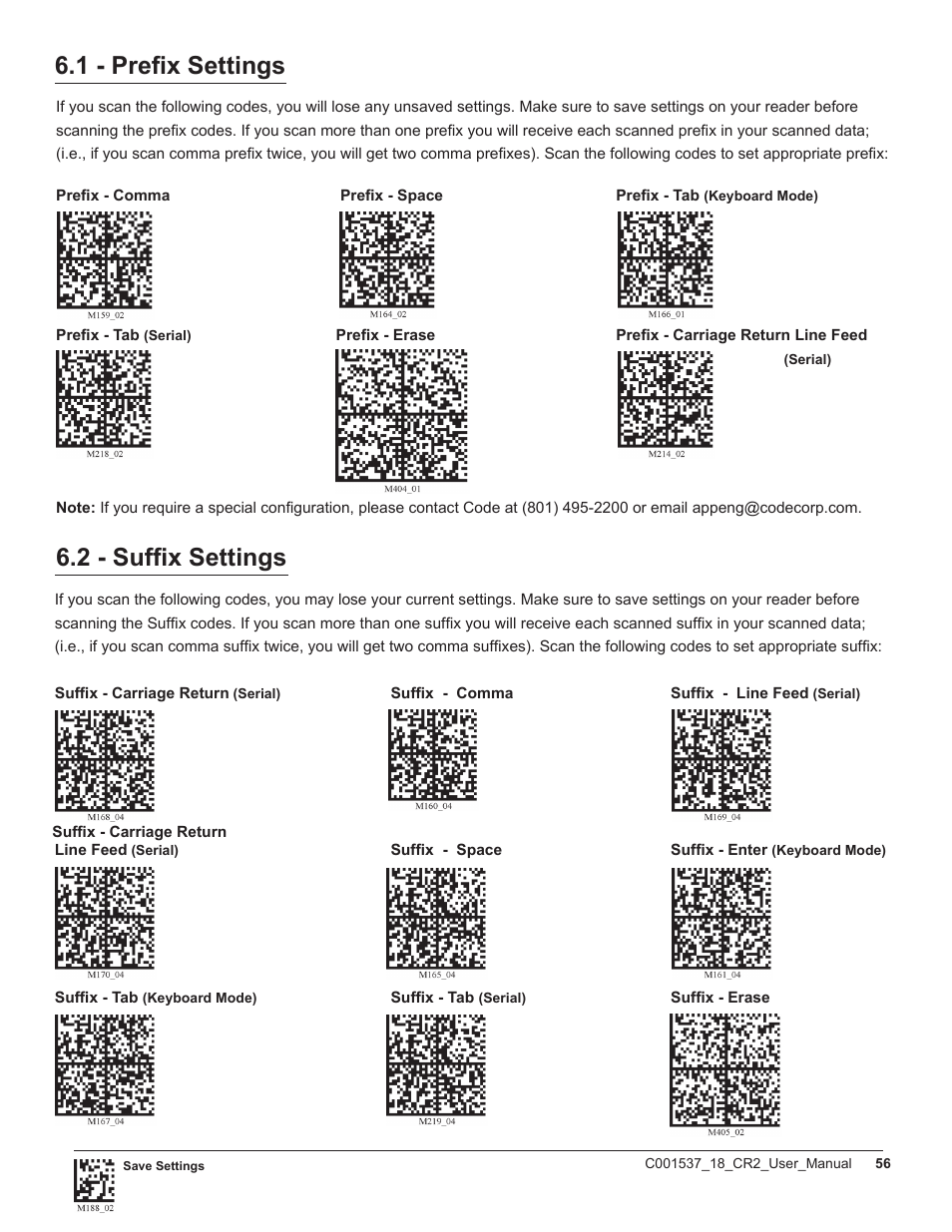 1 - prefix settings, 2 - suffix settings | Code CR2 User Manual | Page 62 / 67