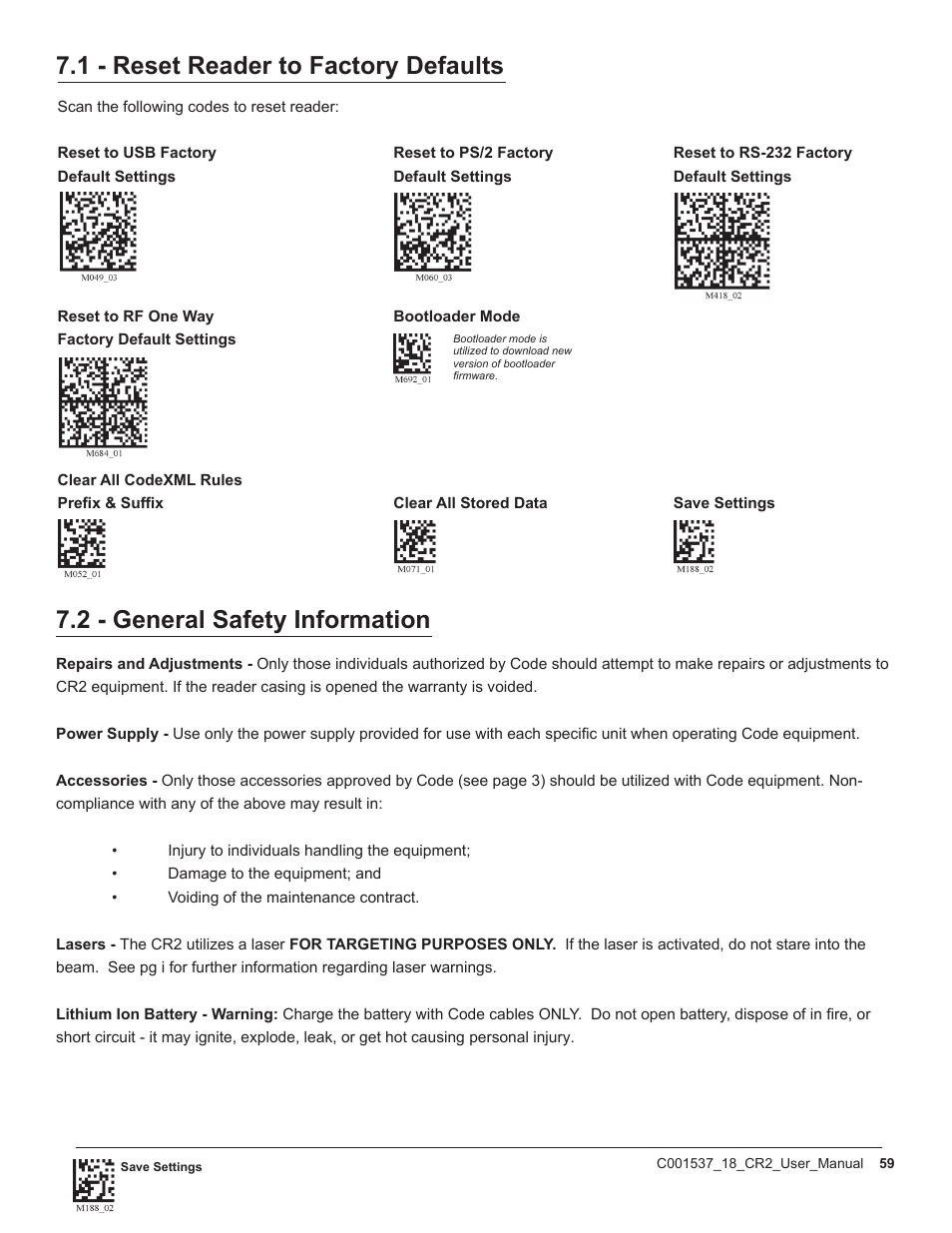 1 - reset reader to factory defaults, 2 - general safety information | Code CR2 User Manual | Page 65 / 67