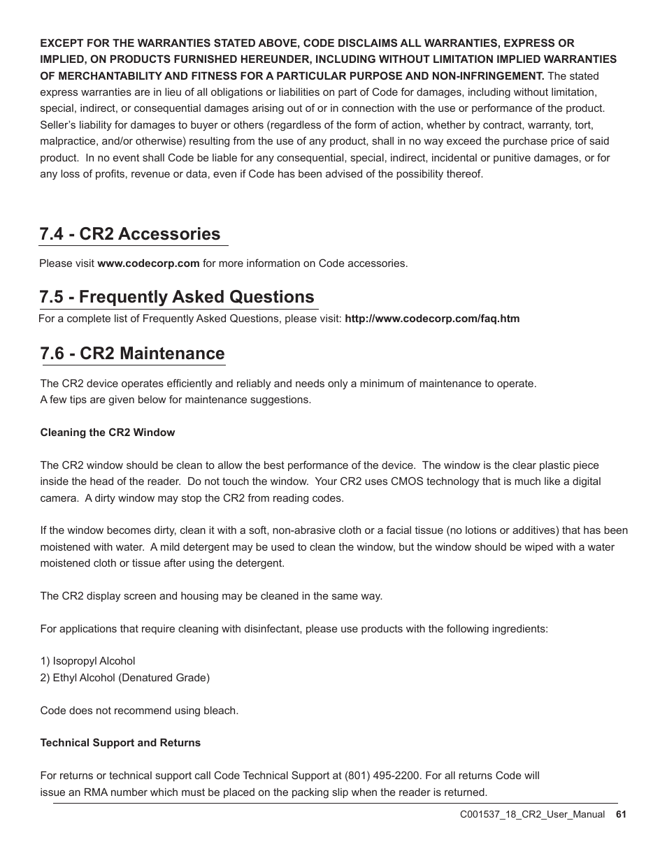 4 - cr2 accessories, 5 - frequently asked questions, 6 - cr2 maintenance | Code CR2 User Manual | Page 67 / 67