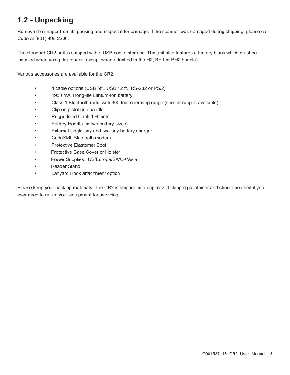 2 - unpacking | Code CR2 User Manual | Page 9 / 67