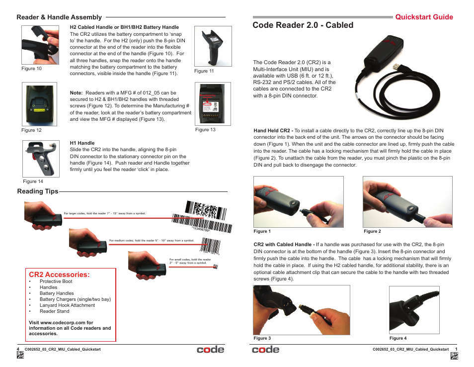 Code reader 2.0 - cabled, Quickstart guide, Cr2 accessories | Reader & handle assembly, Reading tips | Code CR2 Cabled Quick Start User Manual | Page 2 / 2