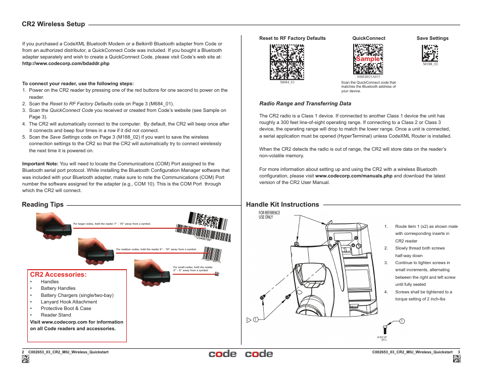 Reading tips cr2 wireless setup, Sample cr2 accessories, Handle kit instructions | Code CR2 Wireless Quick Start User Manual | Page 2 / 2