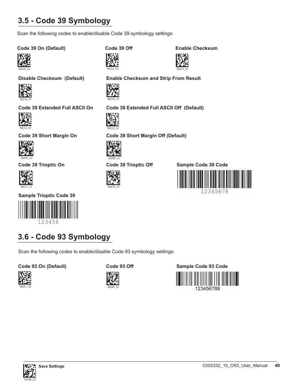 5 - code 39 symbology, 6 - code 93 symbology | Code CR3 User Manual | Page 46 / 68
