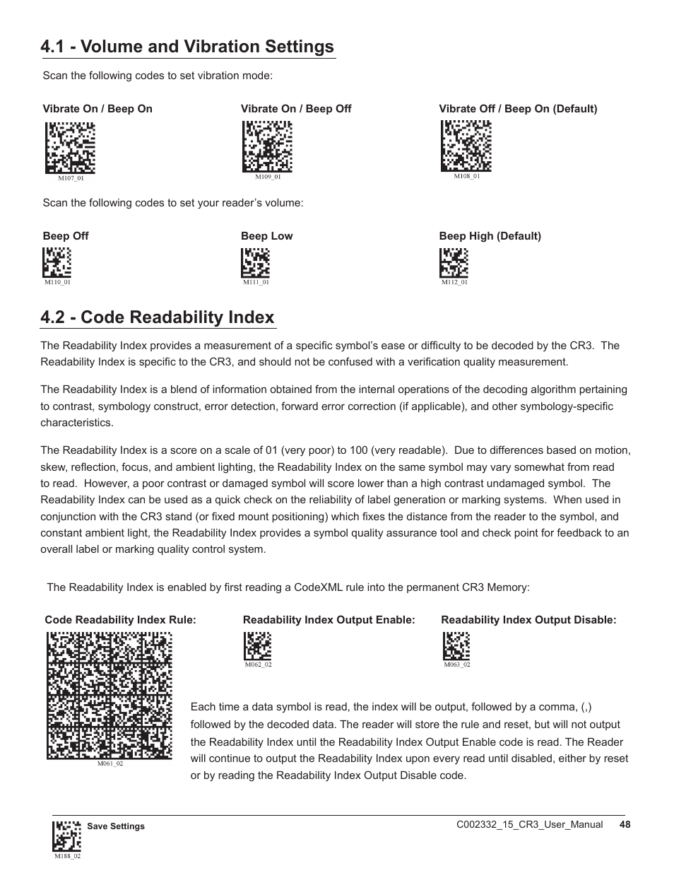 1 - volume and vibration settings, 2 - code readability index | Code CR3 User Manual | Page 54 / 68
