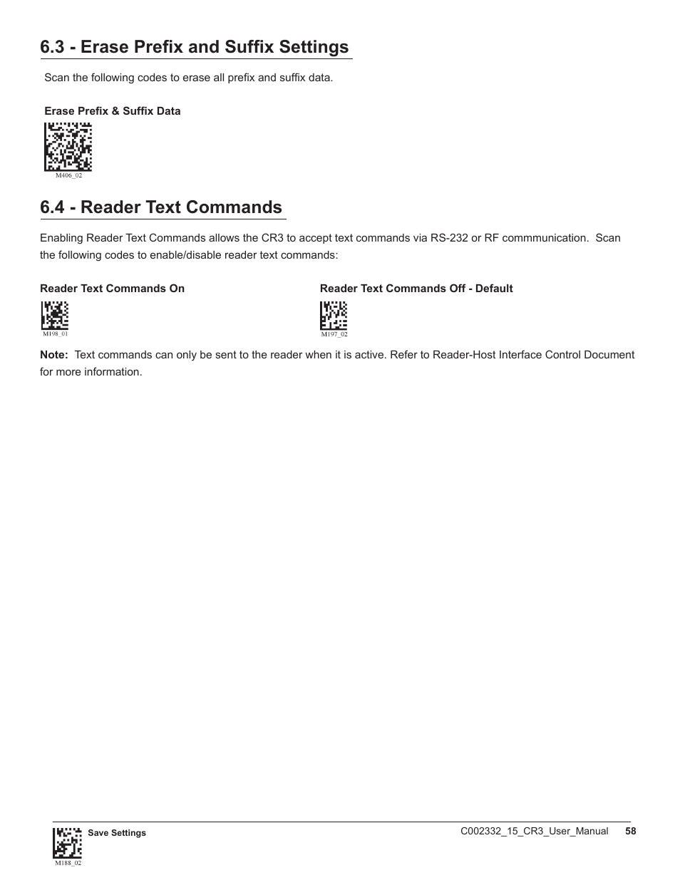 4 - reader text commands, 3 - erase prefix and suffix settings | Code CR3 User Manual | Page 64 / 68