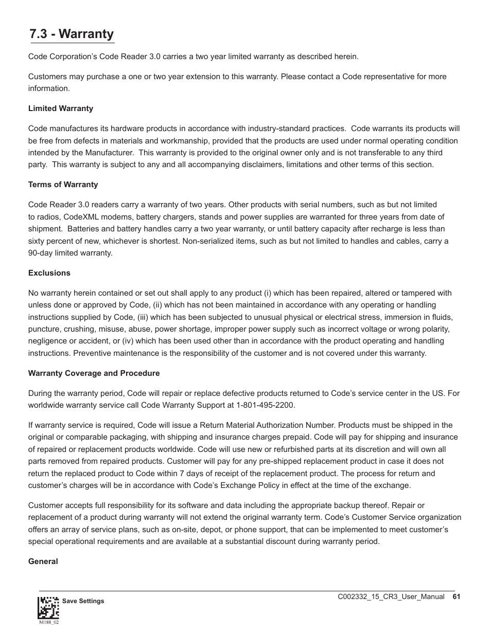 3 - warranty | Code CR3 User Manual | Page 67 / 68