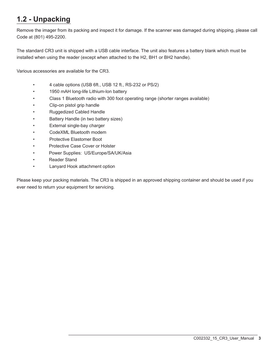 2 - unpacking | Code CR3 User Manual | Page 9 / 68
