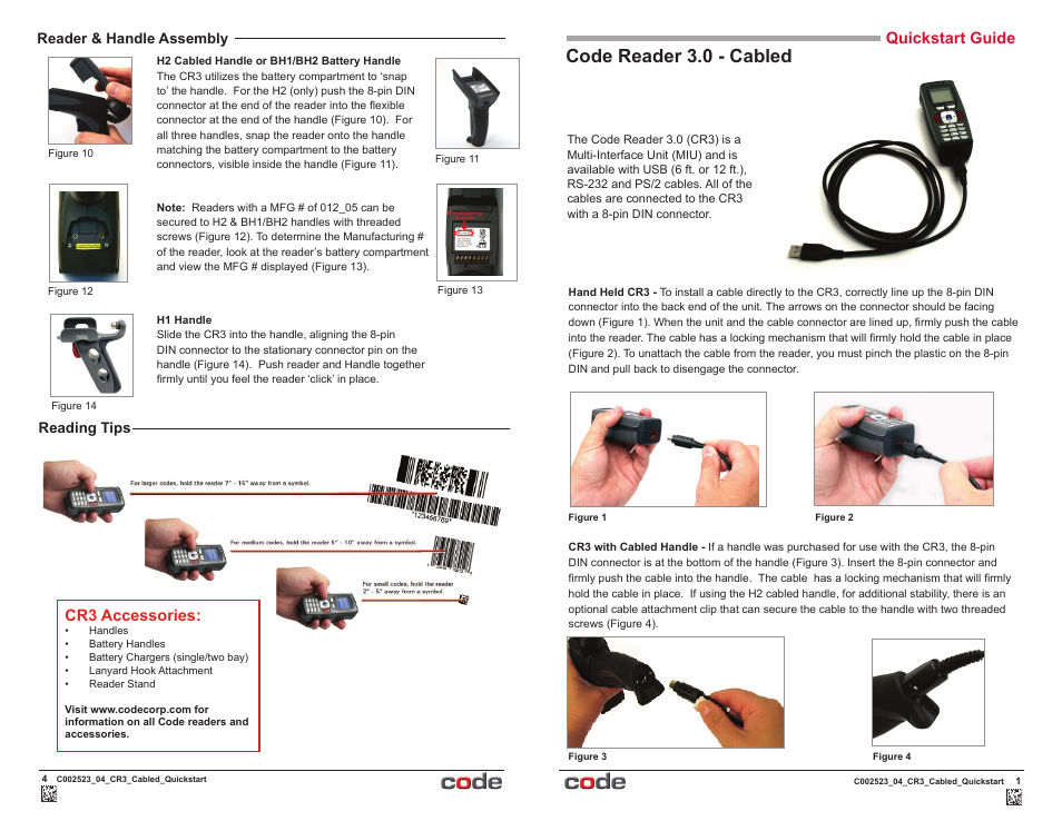 Code reader 3.0 - cabled, Quickstart guide, Cr3 accessories | Reader & handle assembly, Reading tips | Code CR3 Cabled Quick Start User Manual | Page 2 / 2