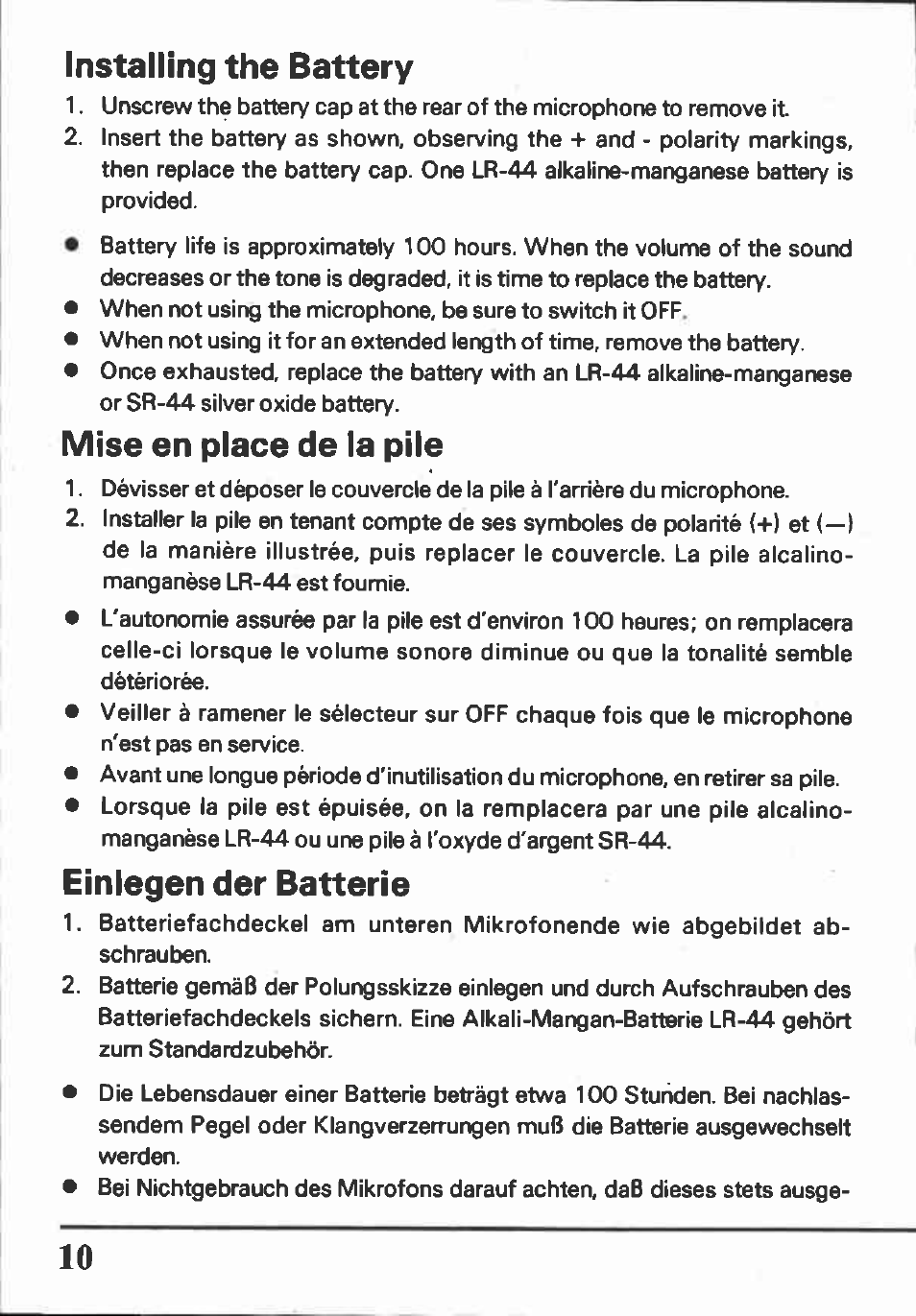 Installing the battery, Mise en place de la pile, Einlegen der batterie | Canon DM-100 User Manual | Page 10 / 20