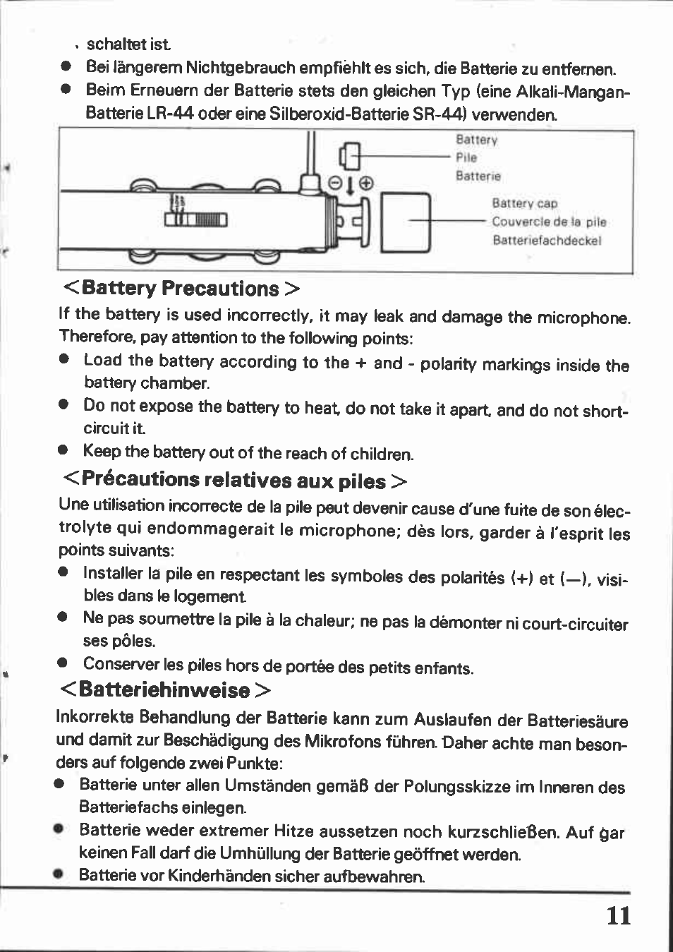 Battery precautions, Précautions relatives aux piles, Batteriehinweise | L e i | Canon DM-100 User Manual | Page 11 / 20