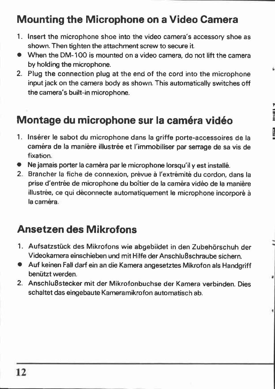 Montage du microphone sur la caméra vidéo, Ansetzen des mikrofons, M ounting the microphone on a video cam era | Canon DM-100 User Manual | Page 12 / 20
