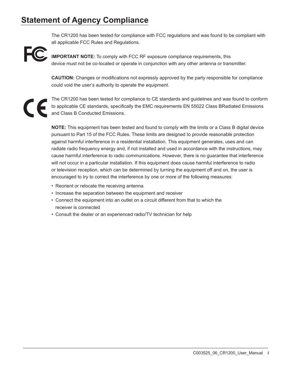 Statement of agency compliance | Code CR1200 User Manual | Page 2 / 39