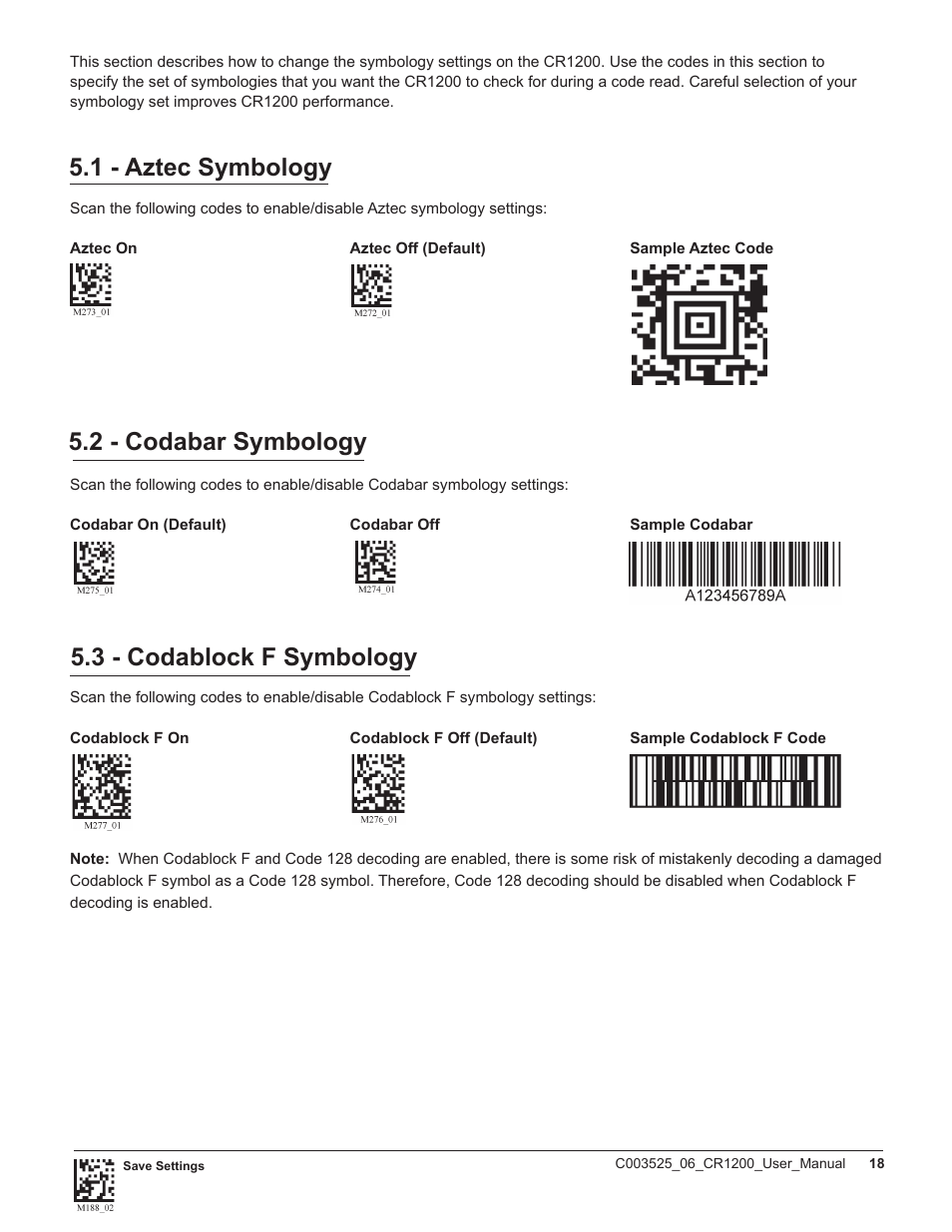 1 - aztec symbology, 2 - codabar symbology, 3 - codablock f symbology | Code CR1200 User Manual | Page 23 / 39