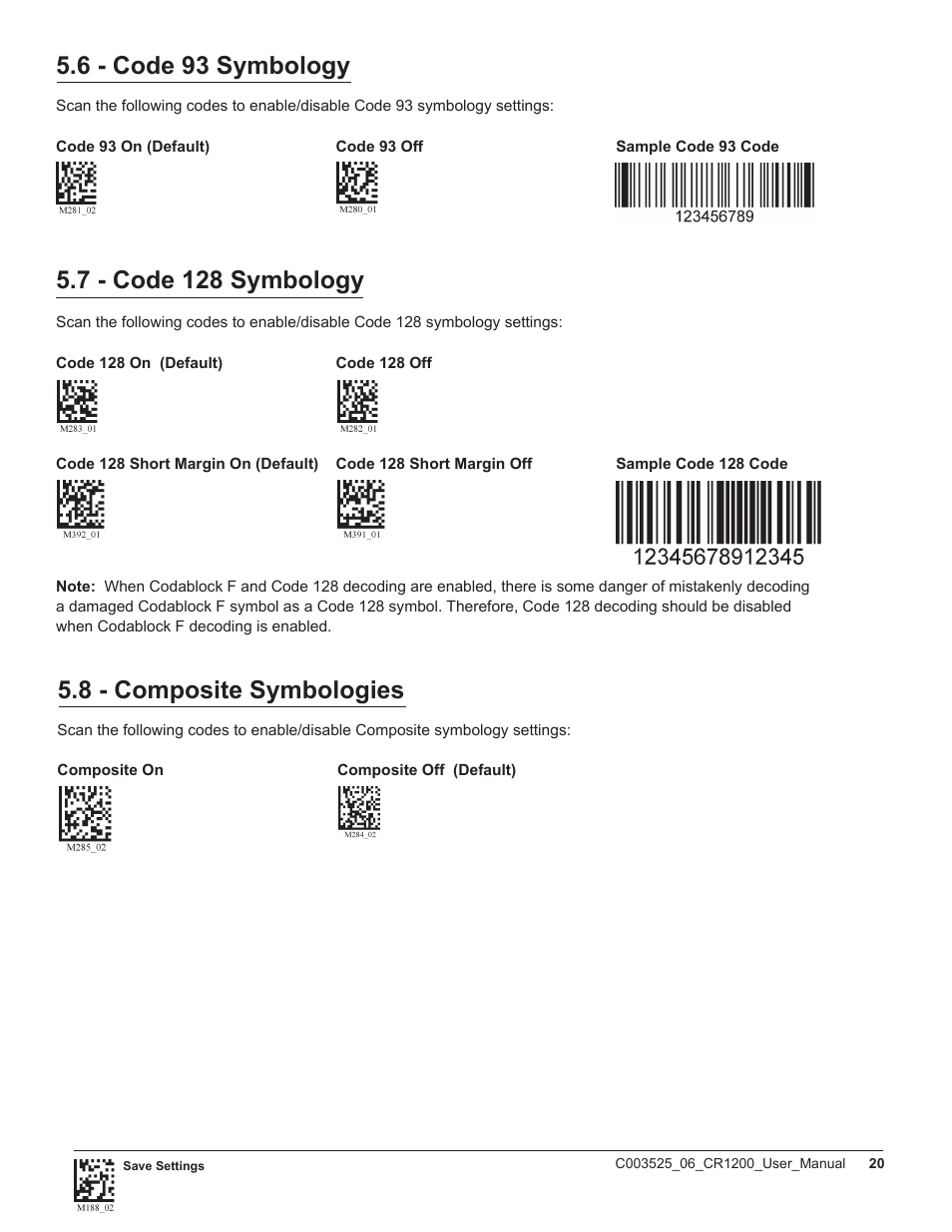 6 - code 93 symbology, 7 - code 128 symbology, 8 - composite symbologies | Code CR1200 User Manual | Page 25 / 39