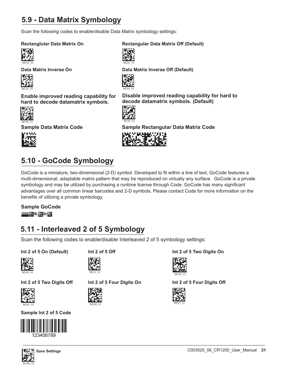 9 - data matrix symbology, 10 - gocode symbology, 11 - interleaved 2 of 5 symbology | Code CR1200 User Manual | Page 26 / 39