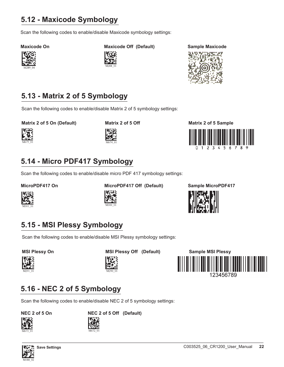 16 - nec 2 of 5 symbology, 12 - maxicode symbology | Code CR1200 User Manual | Page 27 / 39