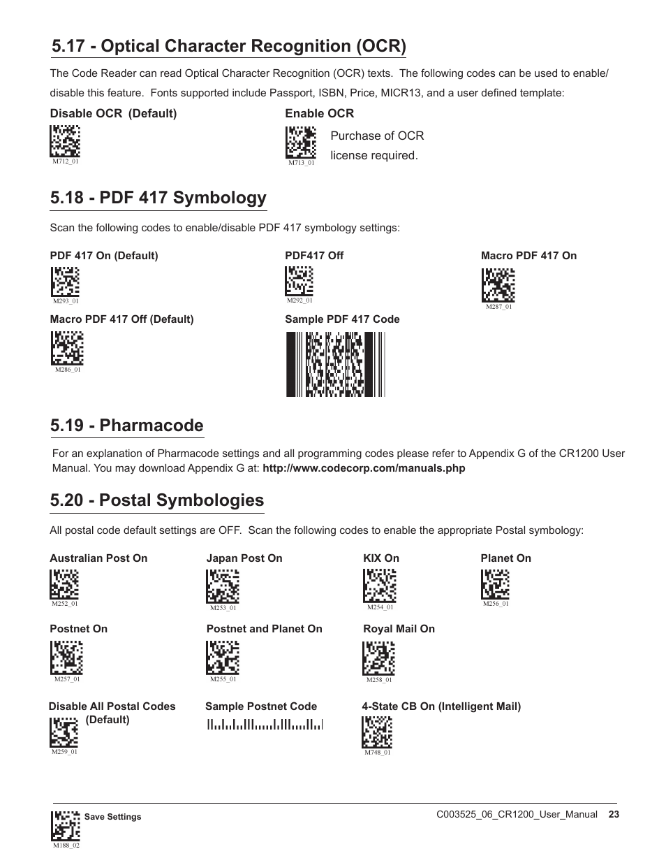 17 - optical character recognition (ocr), 19 - pharmacode, 20 - postal symbologies | Code CR1200 User Manual | Page 28 / 39