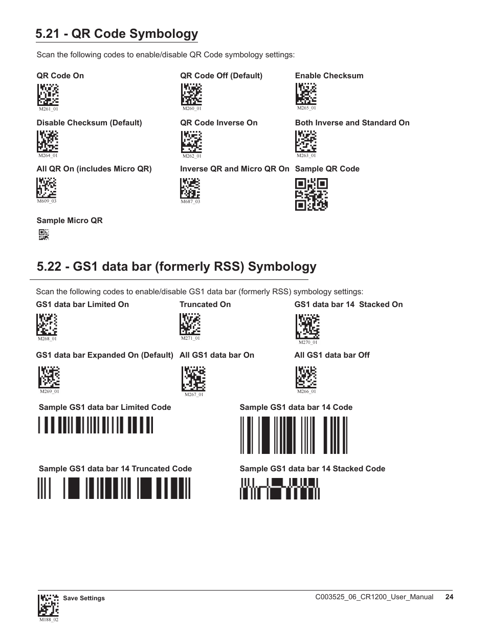 21 - qr code symbology, 22 - gs1 data bar (formerly rss) symbology | Code CR1200 User Manual | Page 29 / 39