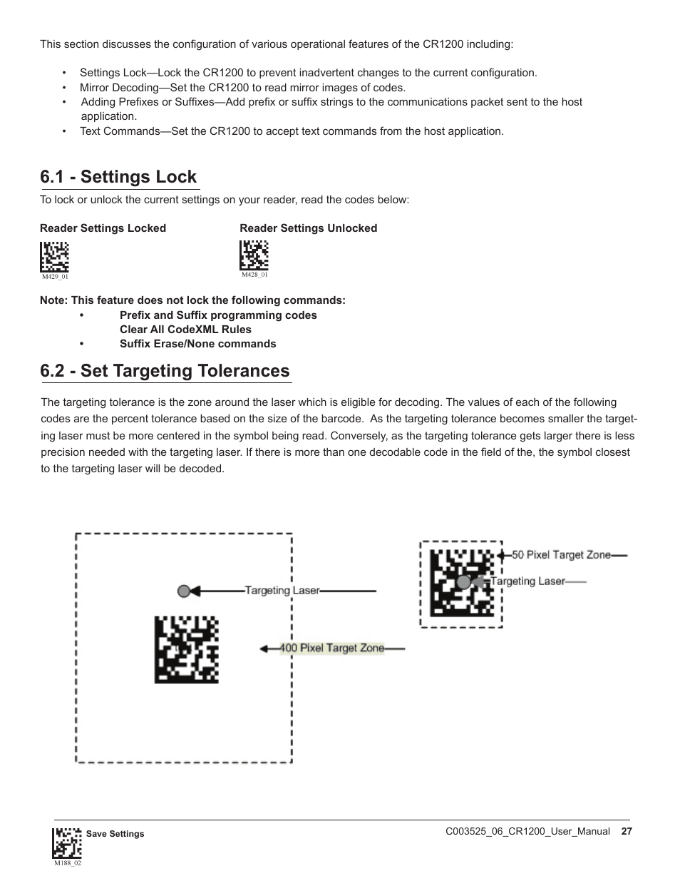 1 - settings lock, 2 - set targeting tolerances | Code CR1200 User Manual | Page 32 / 39