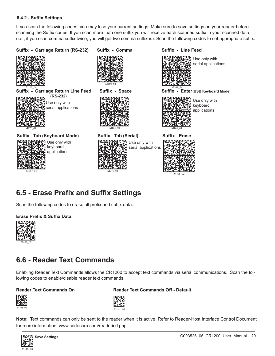 5 - erase prefix and suffix settings, 6 - reader text commands | Code CR1200 User Manual | Page 34 / 39