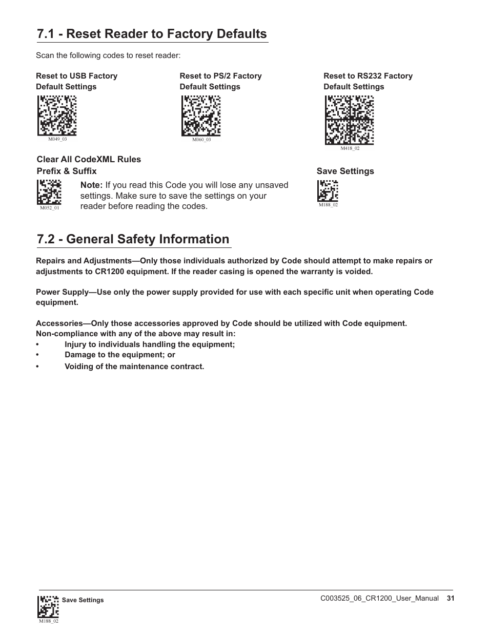 1 - reset reader to factory defaults, 2 - general safety information | Code CR1200 User Manual | Page 36 / 39