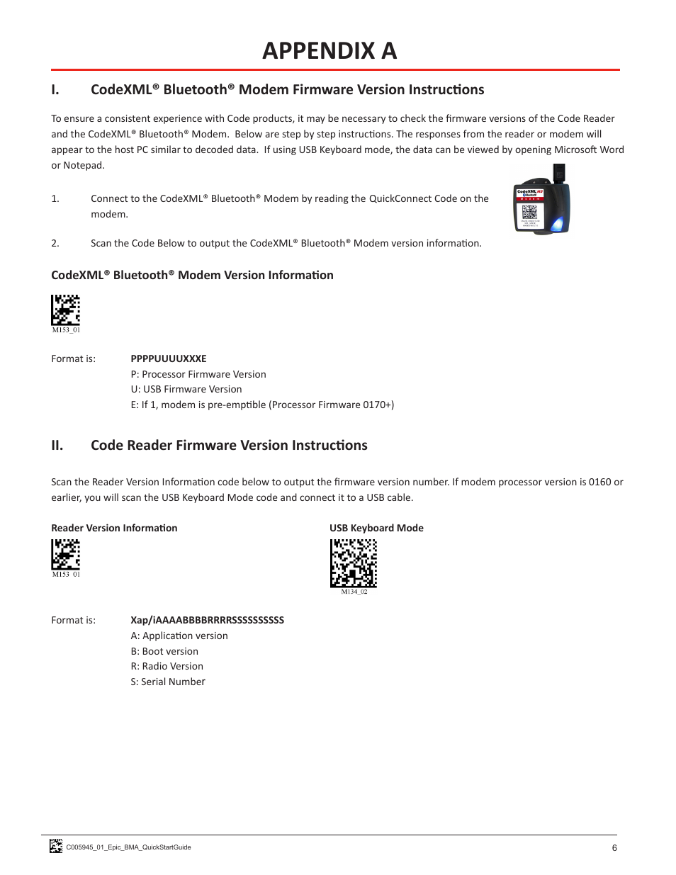 Appendix a, Ii. code reader firmware version instructions | Code CR1200 EPIC HIS Quick Start User Manual | Page 8 / 8