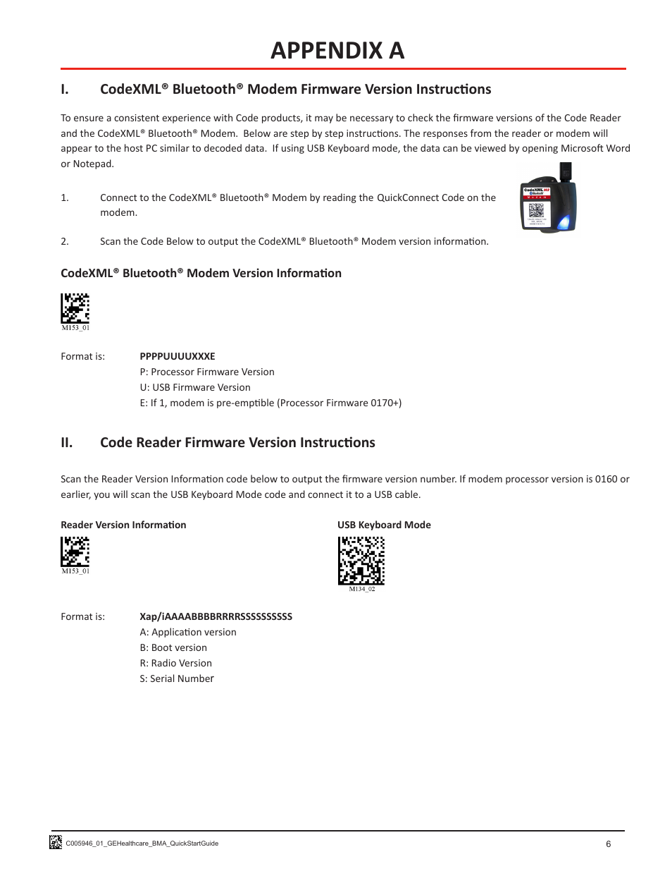 Appendix a, Ii. code reader firmware version instructions | Code CR1200 GE Healthcare HIS Quick Start User Manual | Page 8 / 8