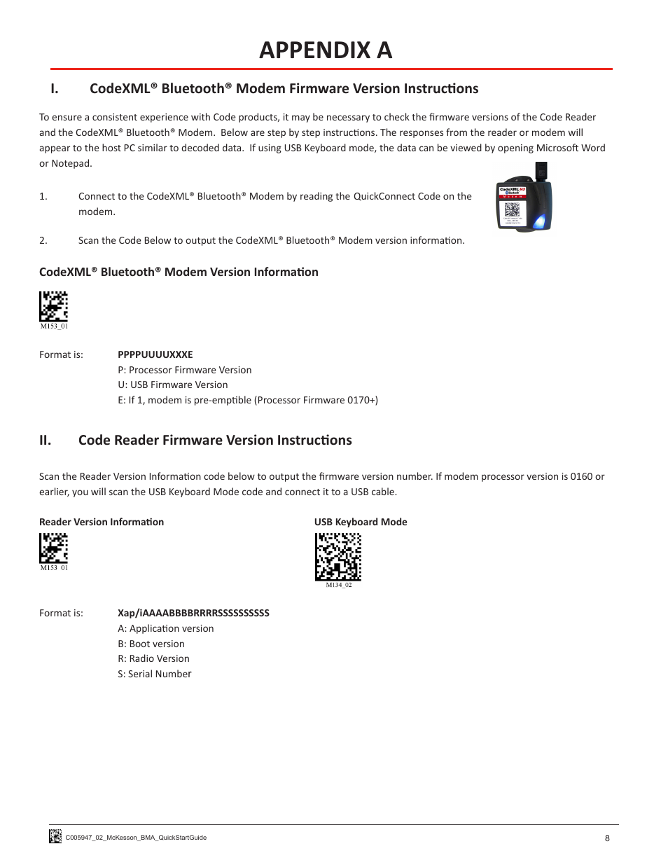 Appendix a, Ii. code reader firmware version instructions | Code CR1200 McKesson HIS Quick Start User Manual | Page 10 / 10