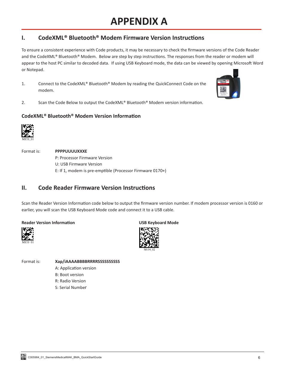 Appendix a, Ii. code reader firmware version instructions | Code CR1200 Siemens Medical MAK HIS Quick Start User Manual | Page 8 / 8