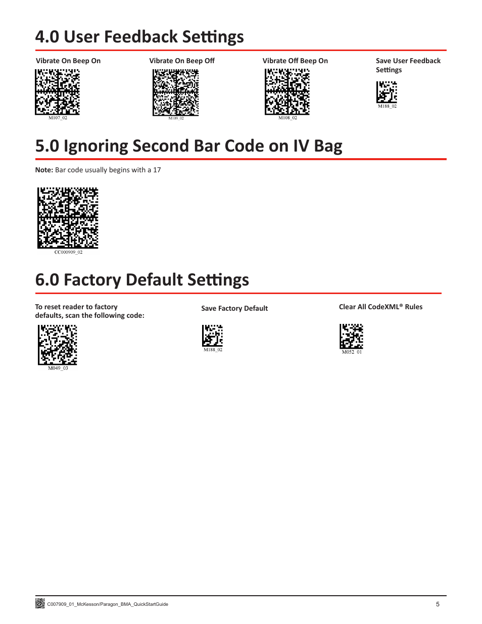 0 factory default settings | Code CR1200 McKesson Paragon Quick Start User Manual | Page 7 / 8
