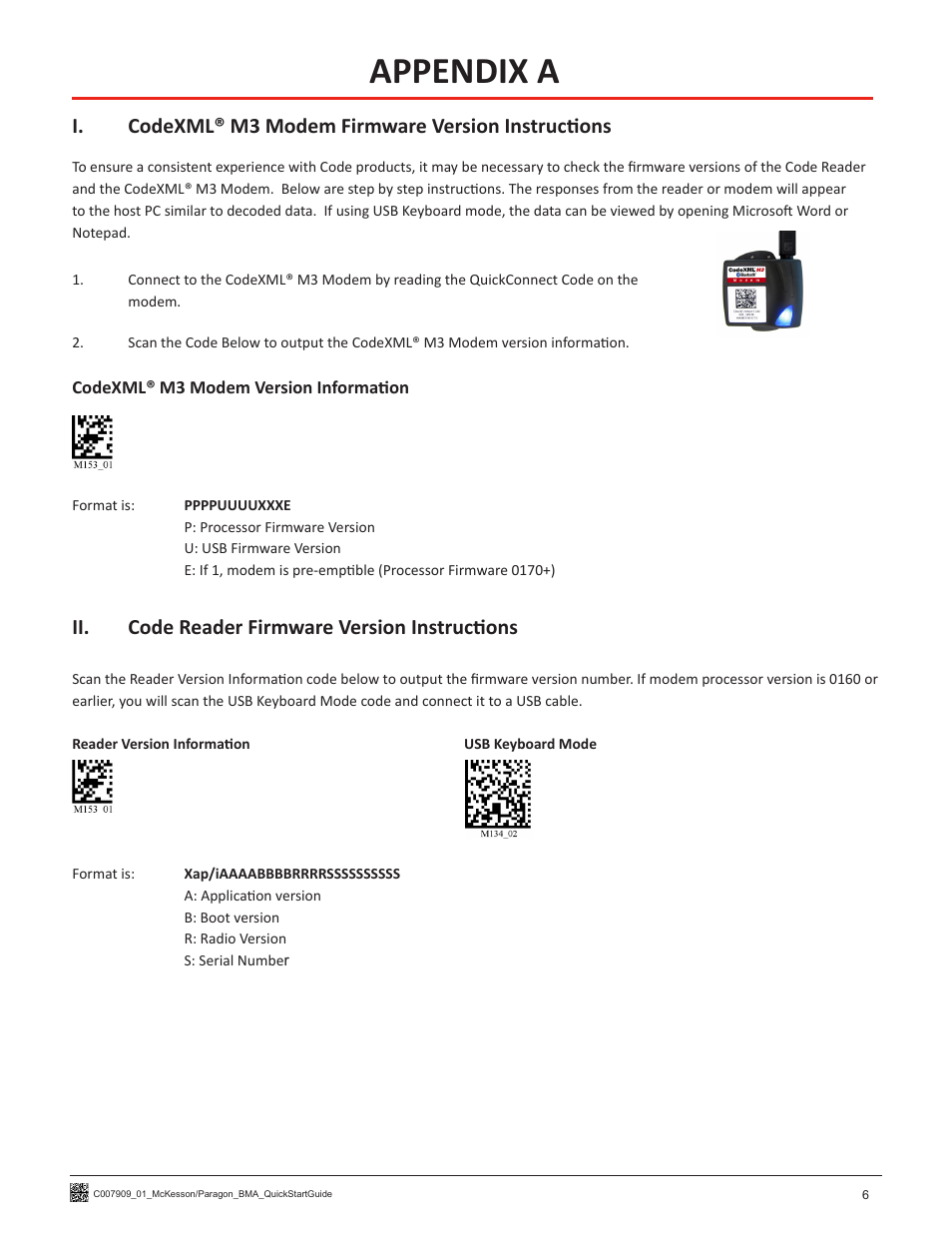 Appendix a, I. codexml® m3 modem firmware version instructions, Ii. code reader firmware version instructions | Code CR1200 McKesson Paragon Quick Start User Manual | Page 8 / 8