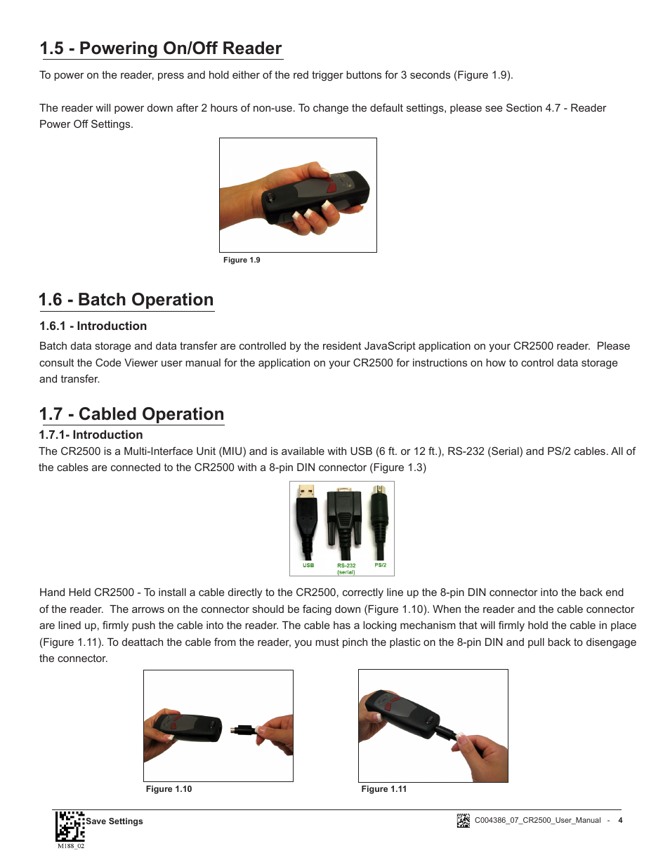 7 - cabled operation 1.5 - powering on/off reader, 6 - batch operation | Code CR2500 User Manual | Page 10 / 62